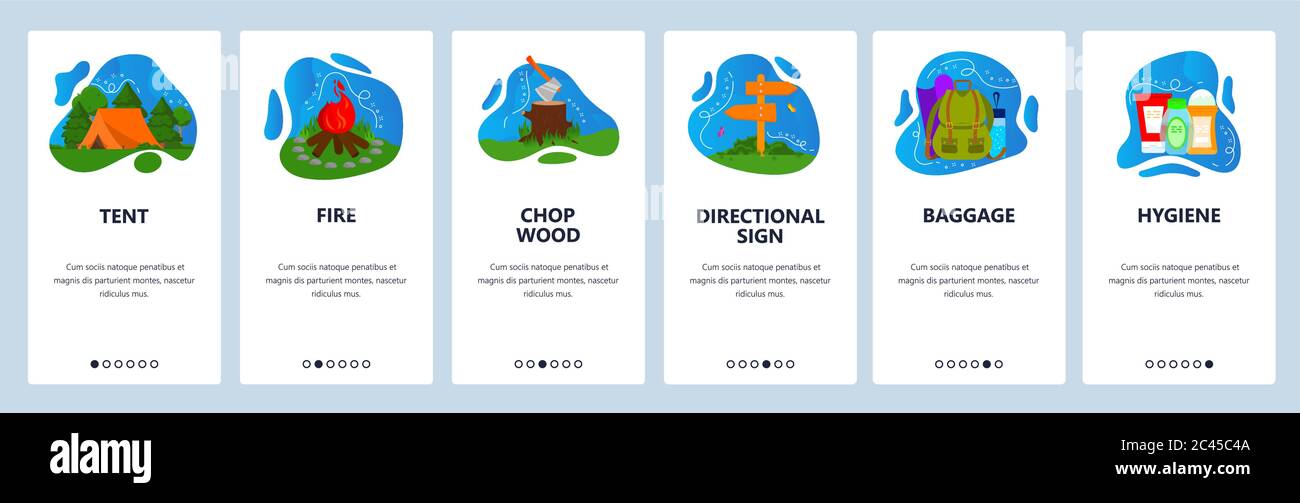 Camping website and mobile app onboarding screens vector template Stock Vector
