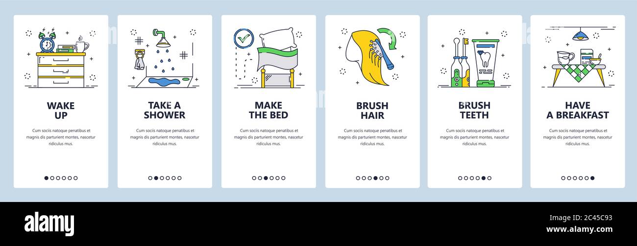 Morning routine website and mobile app onboarding screens vector ...