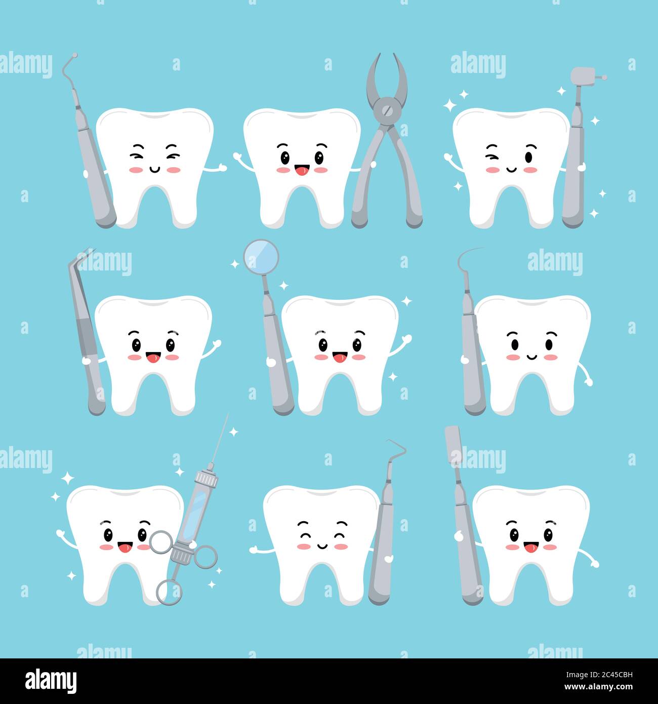 Cute tooth with dental tools icons set isolated on blue background. Stock Vector
