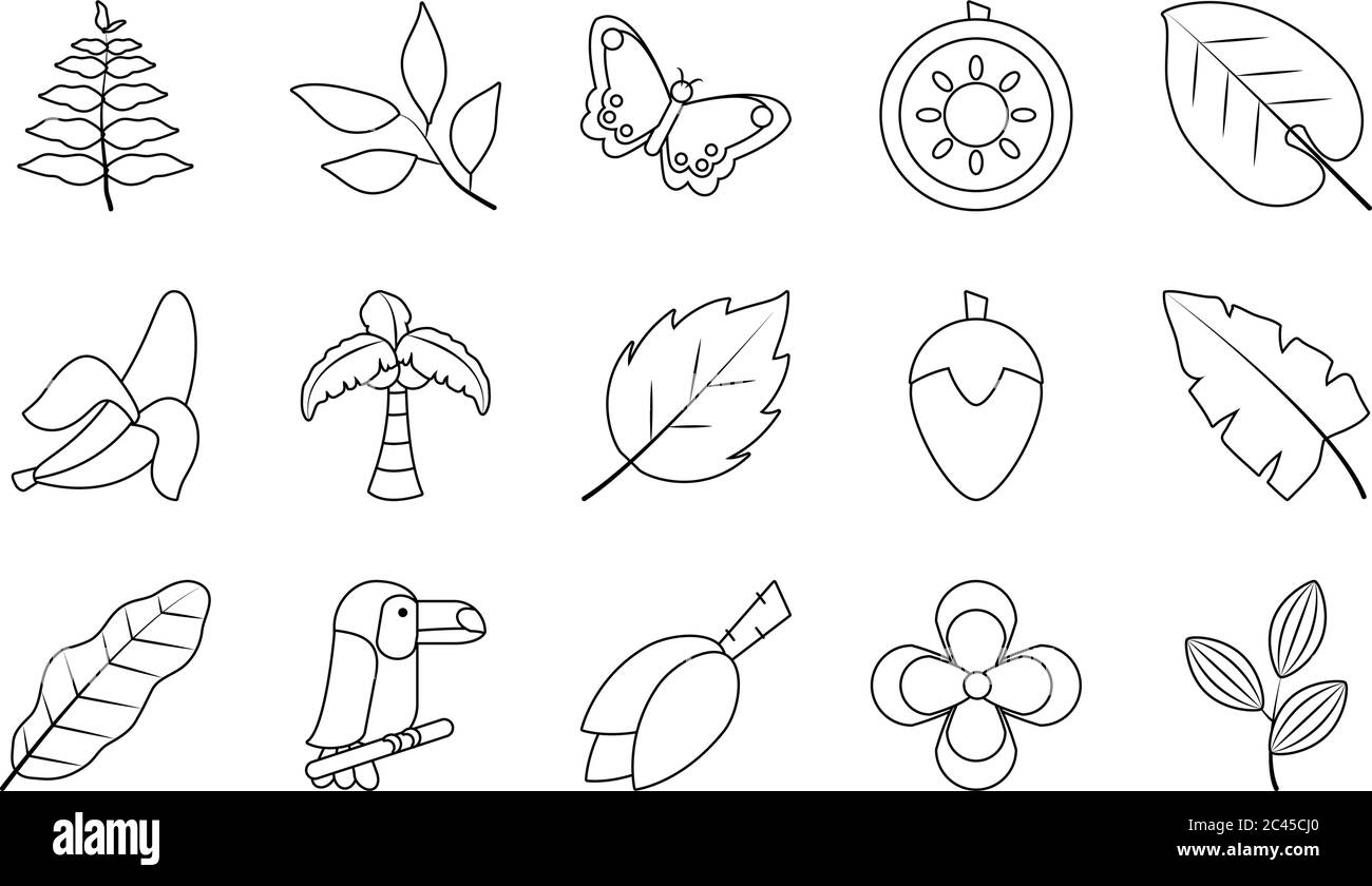 butterfly and tropical leaves icon set over white background, line ...