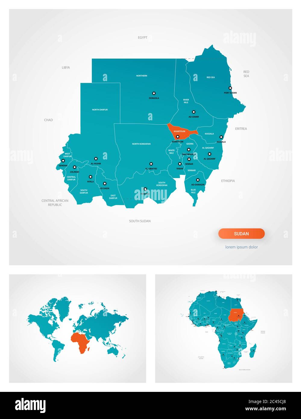 Editable template of map of Sudan with marks. Sudan on world map and on Africa map Stock Vector