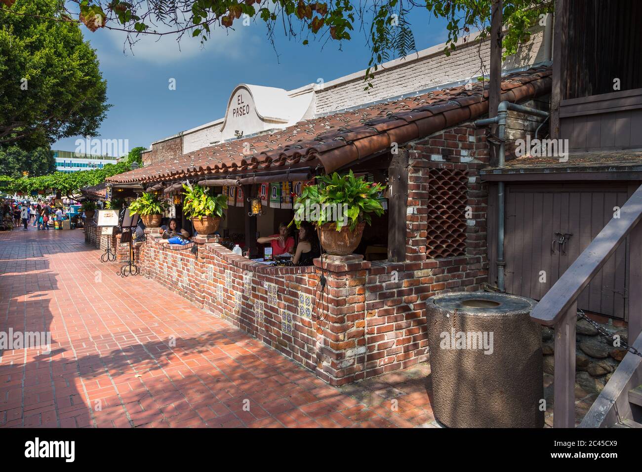 Los Angeles, California, USA- 11 June 2015: View of the restaurant El Paseo at Olvera Street, in El Pueblo de Los Angeles Historical Monument. Stock Photo