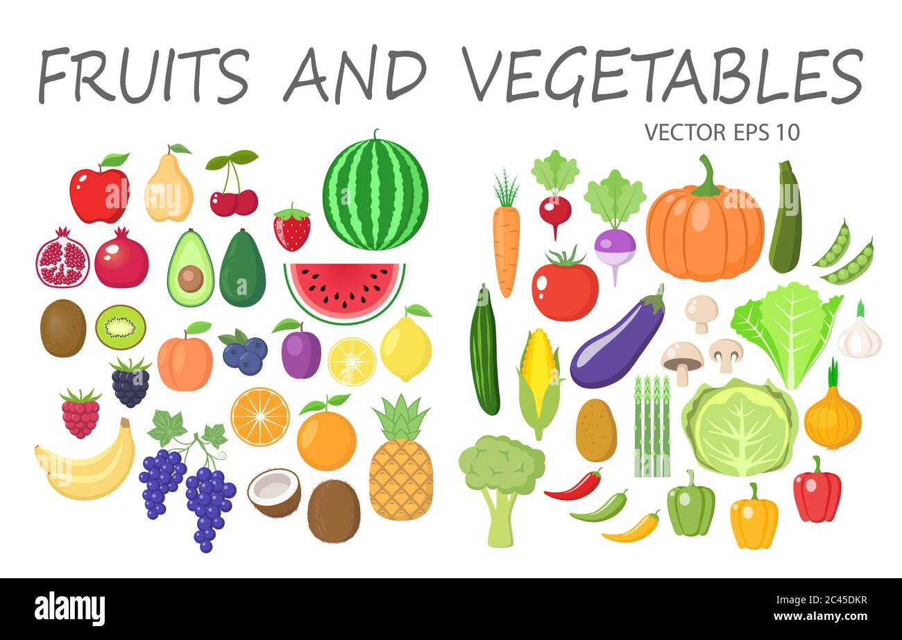 Colorful fruits and vegetables clipart set. Fruit and vegetable colored cartoon vector collection. Stock Vector