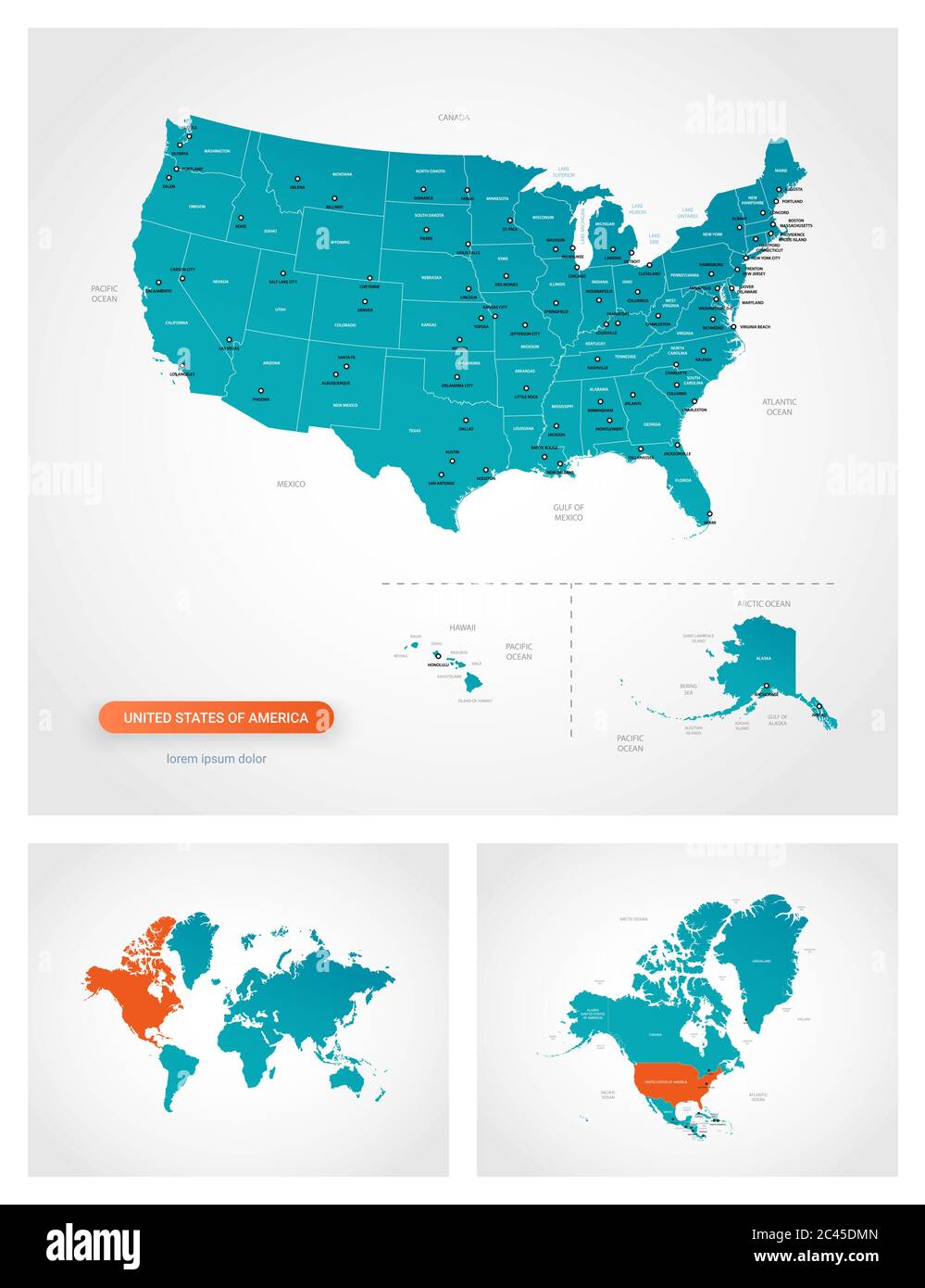 Editable Template Of Map Of United States Of America With Marks United Editable Template Of Map Of United States Of America With Marks United States Of America On World Map And On North America Map 2C45DMN