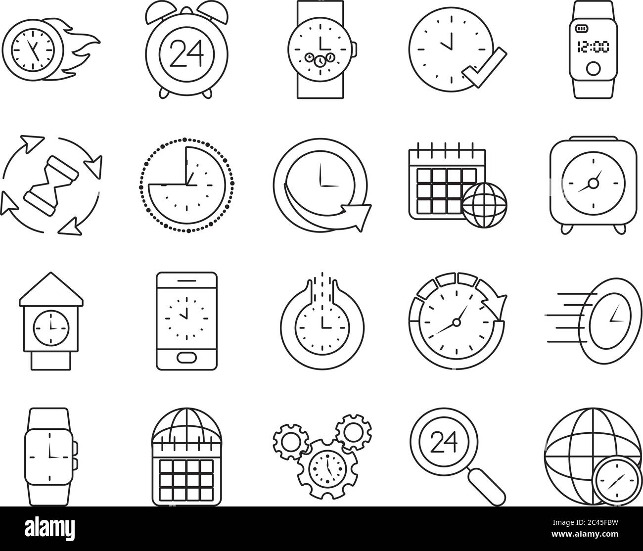 calendar and time icon set over white background, line style, vector ...