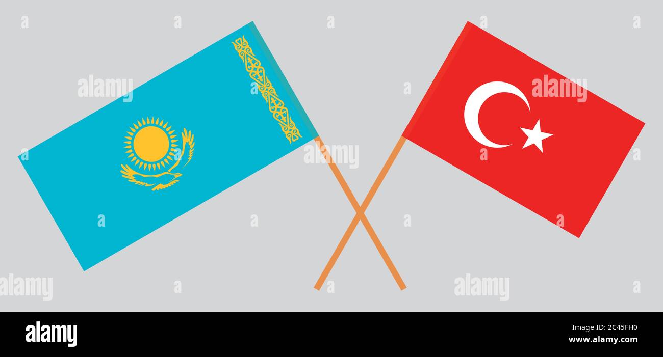 Crossed flags of Kazakhstan and Turkey. Official colors. Correct