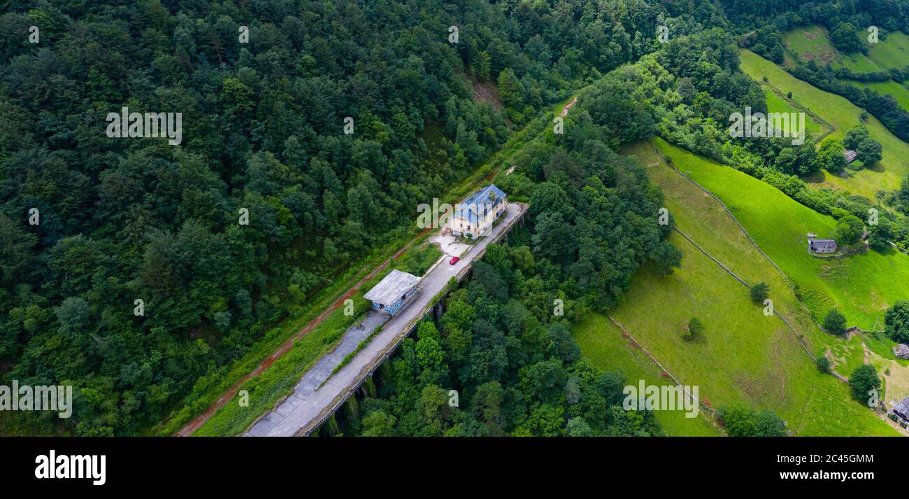 Aerial view of the Yera station at the North mouth of the La Engaña Tunnel, Vega de Pas, Valles Pasiegos, Cantabria, Spain, Europe Stock Photo