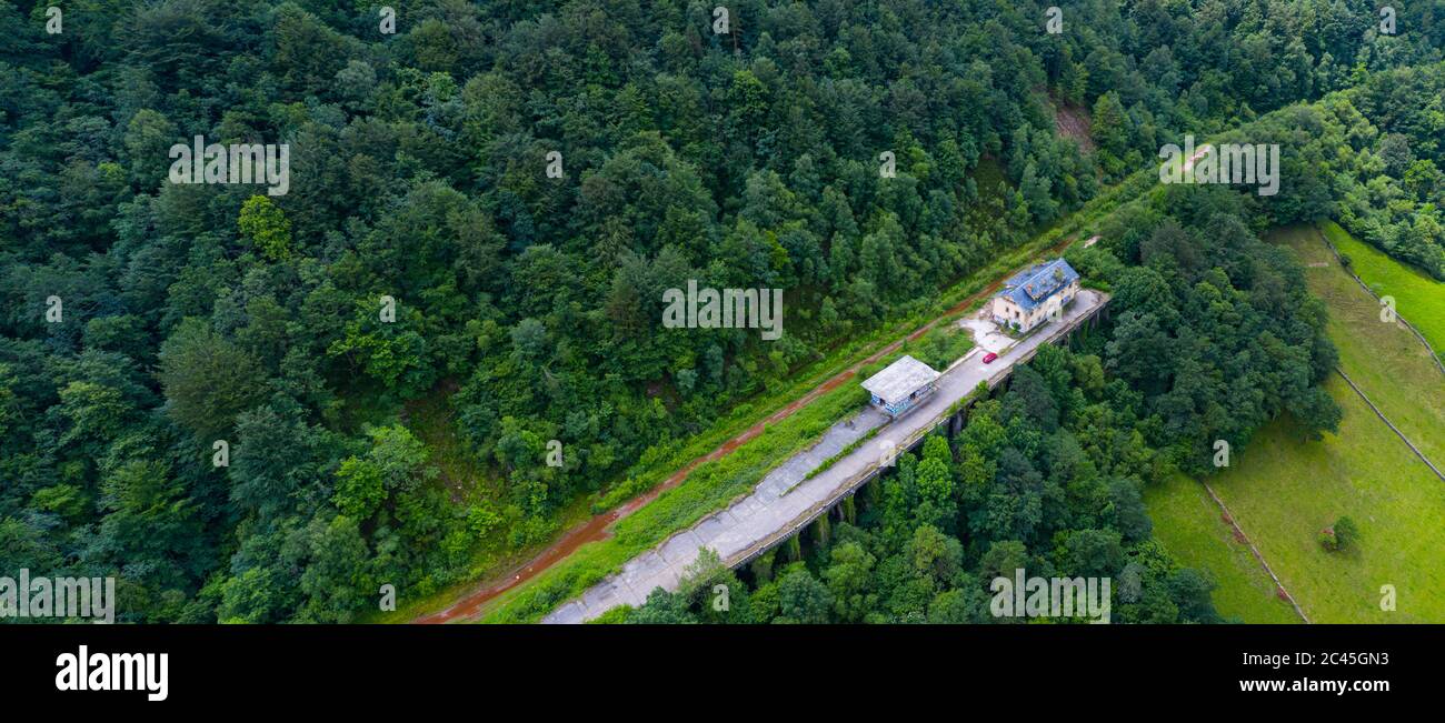 Aerial view of the Yera station at the North mouth of the La Engaña Tunnel, Vega de Pas, Valles Pasiegos, Cantabria, Spain, Europe Stock Photo