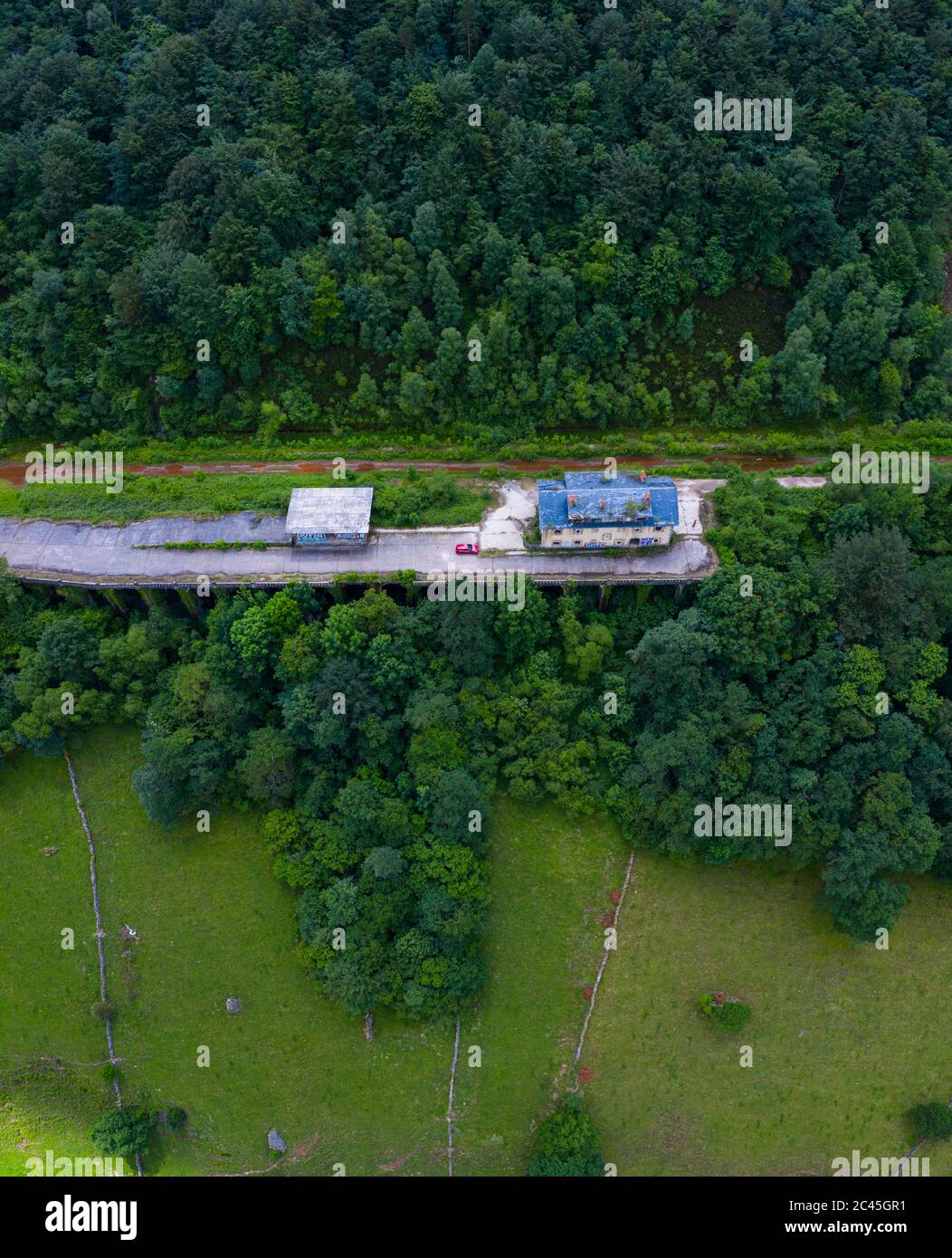 Aerial view of the Yera station at the North mouth of the La Engaña Tunnel, Vega de Pas, Valles Pasiegos, Cantabria, Spain, Europe Stock Photo