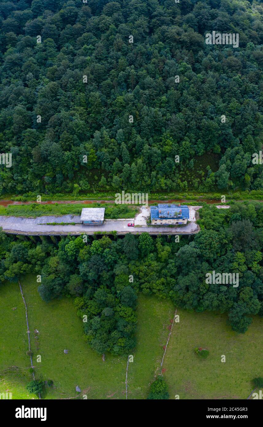 Aerial view of the Yera station at the North mouth of the La Engaña Tunnel, Vega de Pas, Valles Pasiegos, Cantabria, Spain, Europe Stock Photo