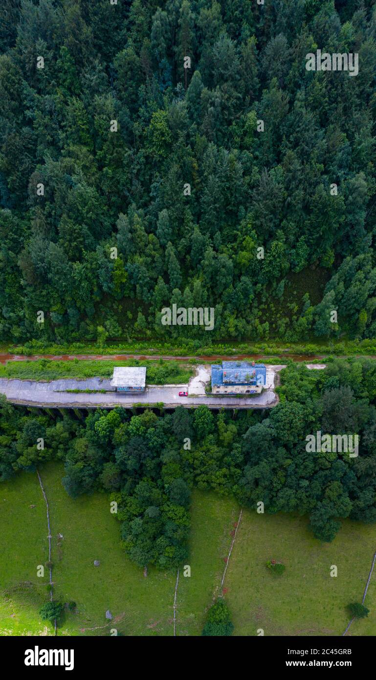 Aerial view of the Yera station at the North mouth of the La Engaña Tunnel, Vega de Pas, Valles Pasiegos, Cantabria, Spain, Europe Stock Photo