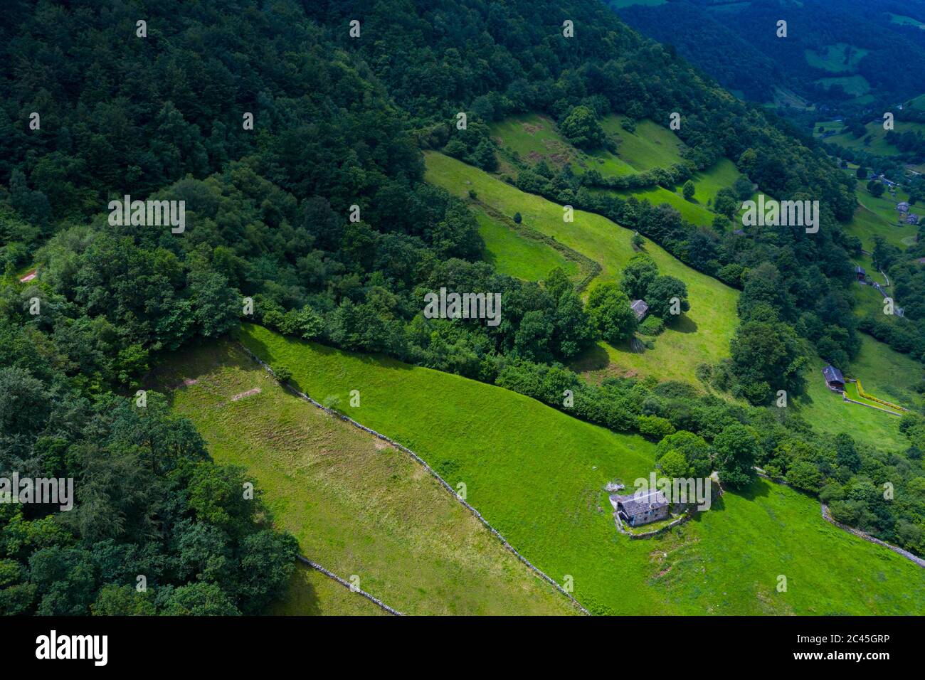 Aerial view of the Yera station at the North mouth of the La Engaña Tunnel, Vega de Pas, Valles Pasiegos, Cantabria, Spain, Europe Stock Photo