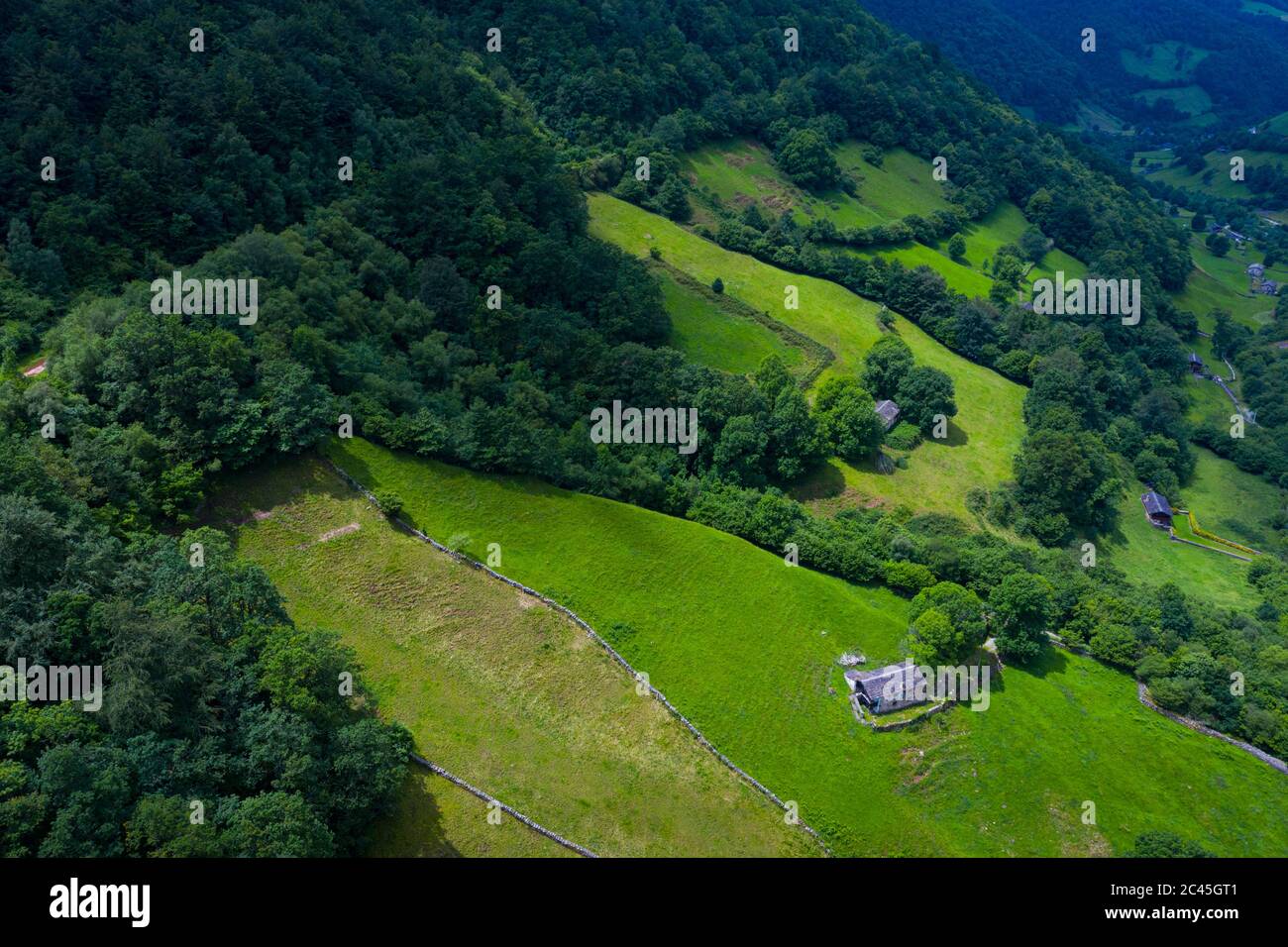 Aerial view of the Yera station at the North mouth of the La Engaña Tunnel, Vega de Pas, Valles Pasiegos, Cantabria, Spain, Europe Stock Photo