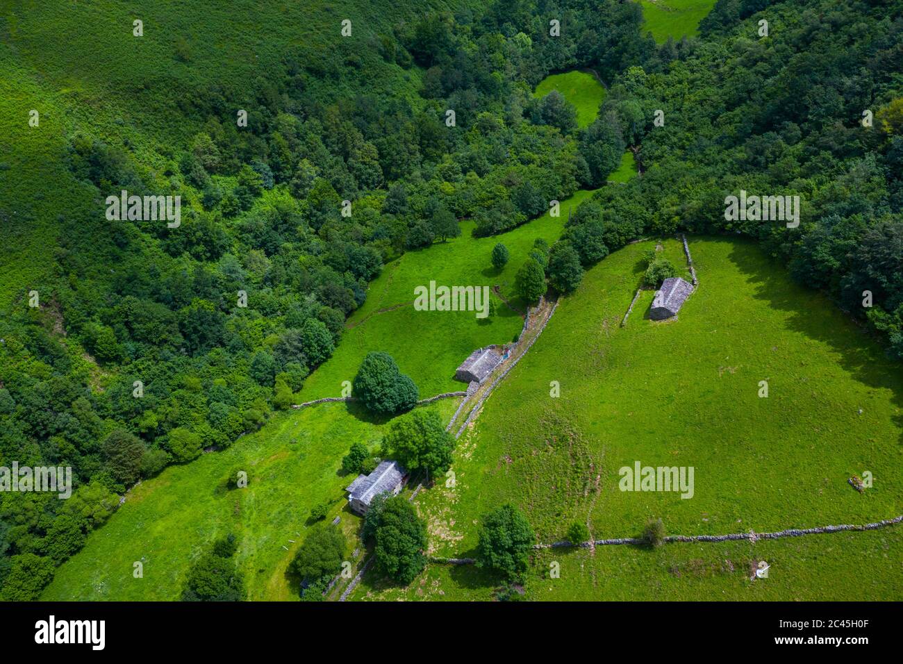 Aerial view of the Yera station at the North mouth of the La Engaña Tunnel, Vega de Pas, Valles Pasiegos, Cantabria, Spain, Europe Stock Photo