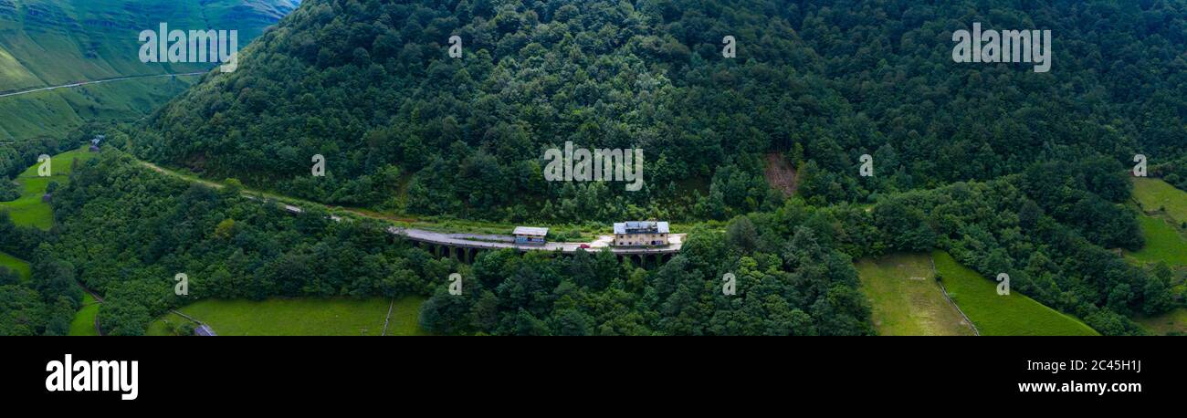 Aerial view of the Yera station at the North mouth of the La Engaña Tunnel, Vega de Pas, Valles Pasiegos, Cantabria, Spain, Europe Stock Photo
