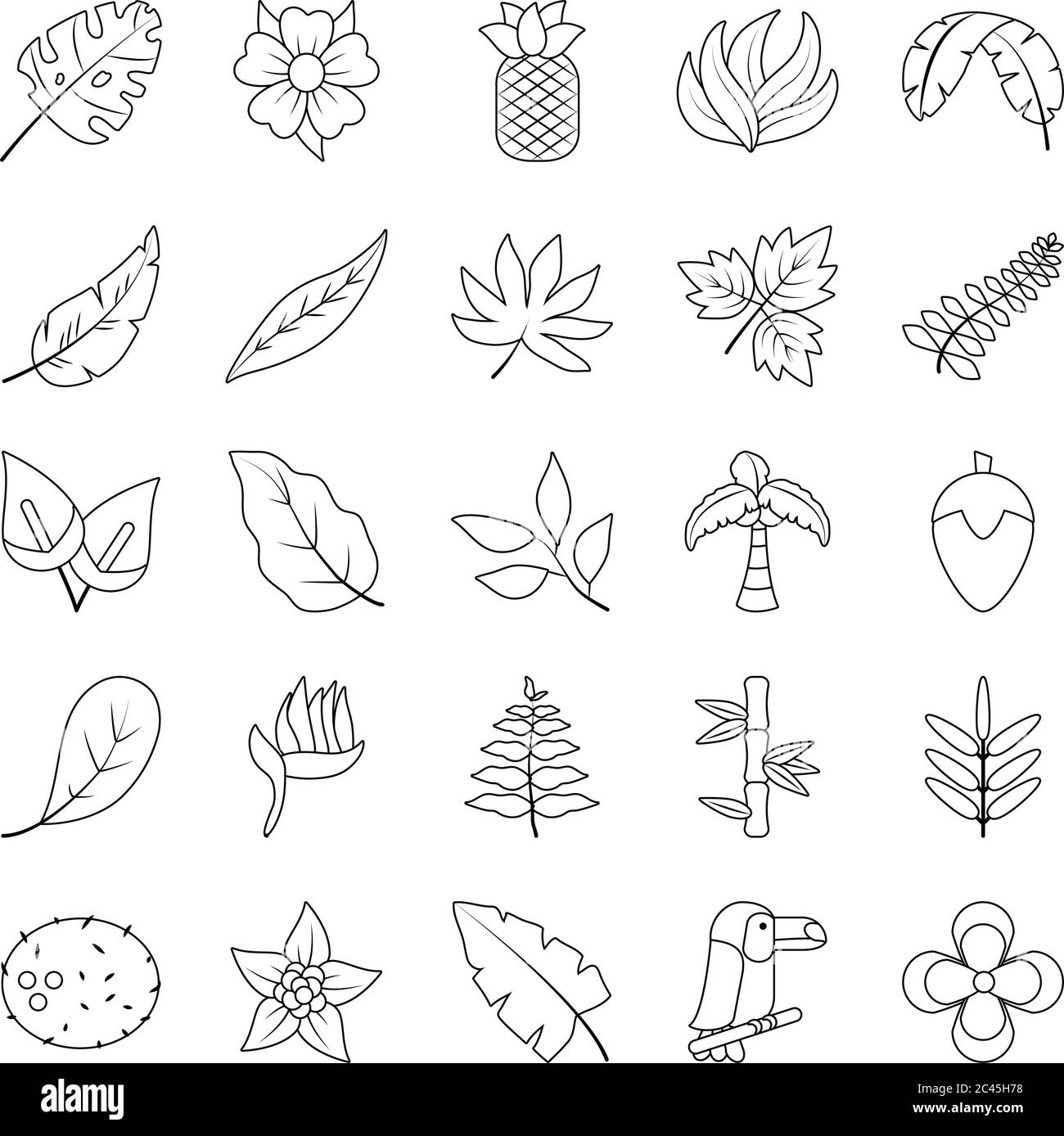 coconut and tropical leaf icon set over white background, line style ...
