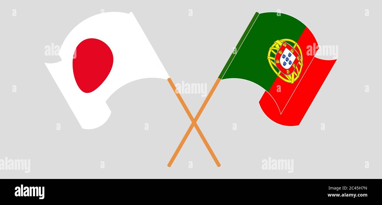 Crossed and waving flags of Portugal and Japan. Vector illustration Stock Vector