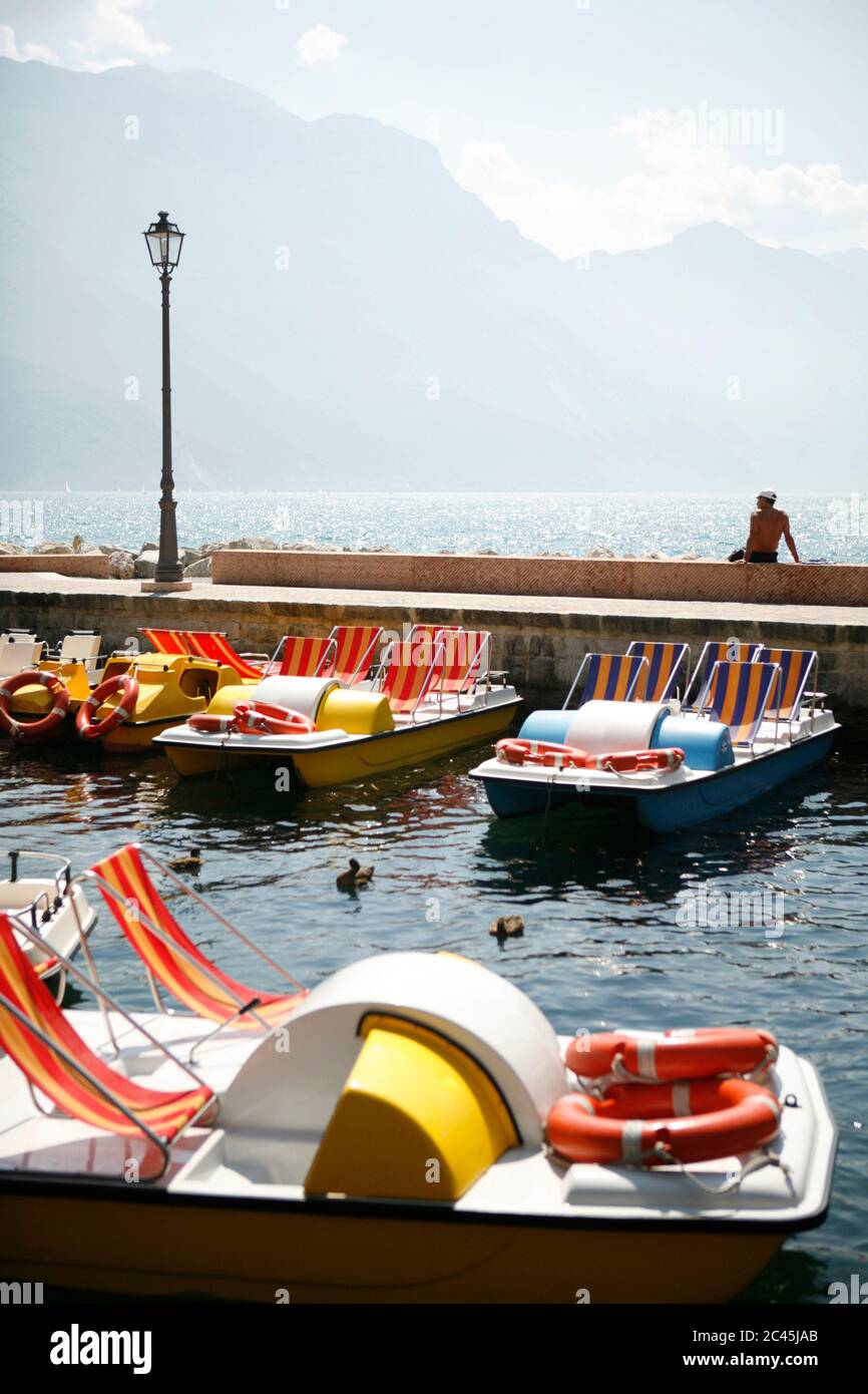 Pedal boats on Lake Garda, Italy Stock Photo