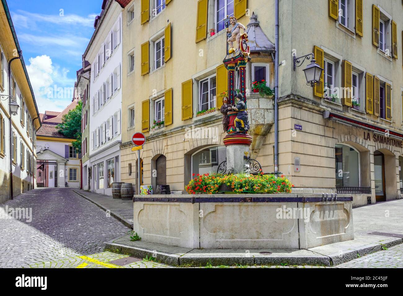 Fontaine de la Samaritaine by Grand rue in Porrentruy, canton Jura, Switzerland. Stock Photo