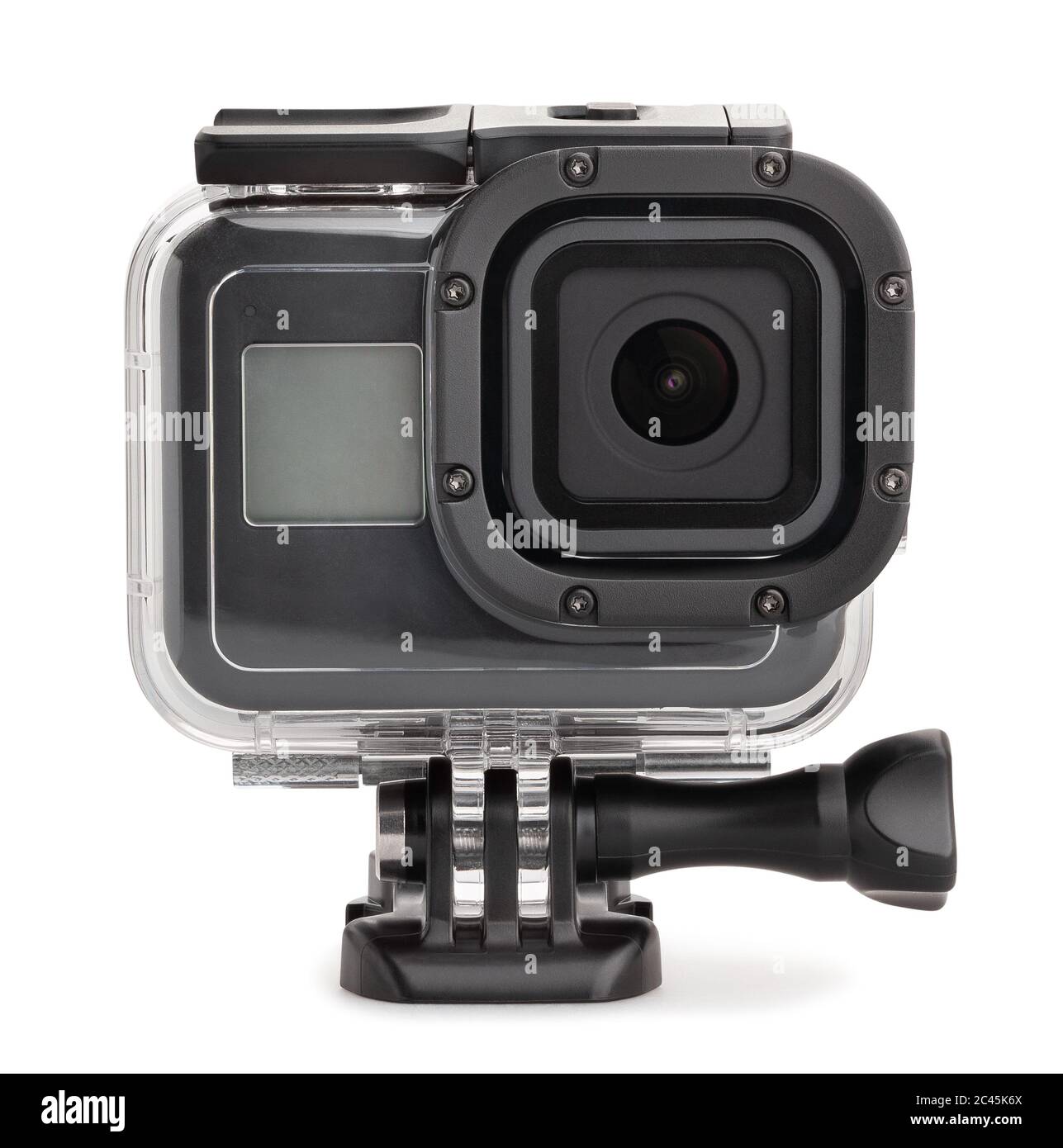 action camera in dive housing on mounting path isolated on white Stock Photo Alamy