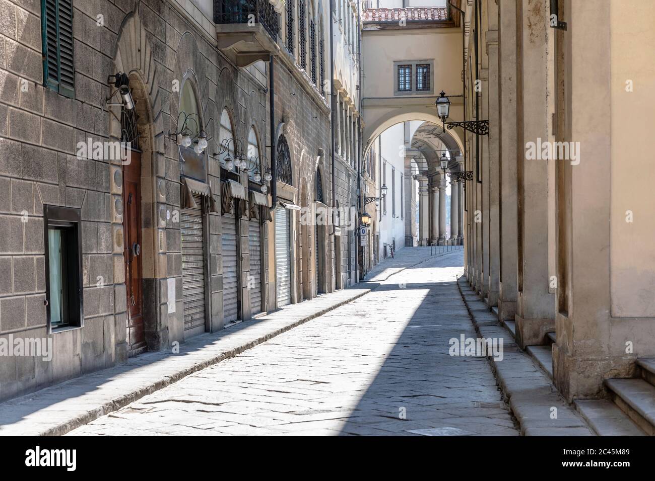 View down an empty street in Florence, Italy during the Corona virus crisis. Stock Photo