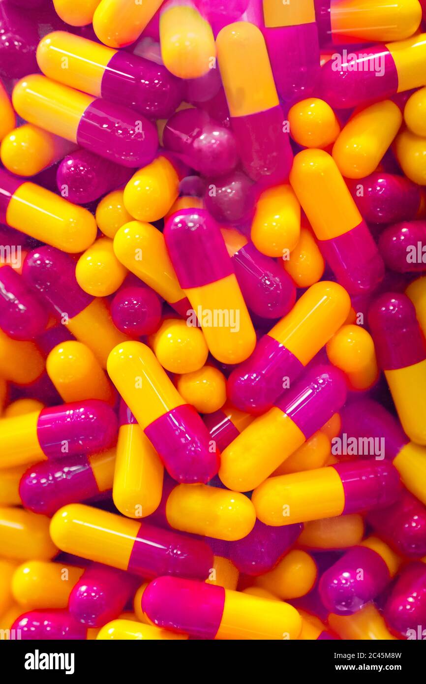 Colorful medical capsules, pills, vitamins, tablets, drugs, meds - samples for sale at pharmacy drug store, pharmaceutical exhibition. Pharma industry Stock Photo