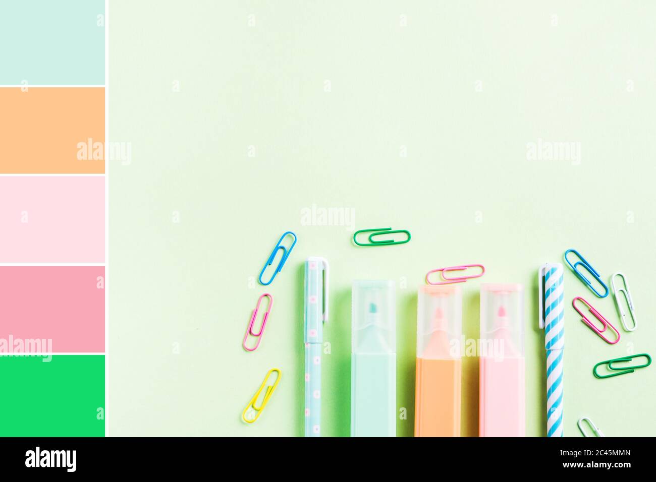 Colorful stationery on mint green. Color swatch Stock Photo Alamy