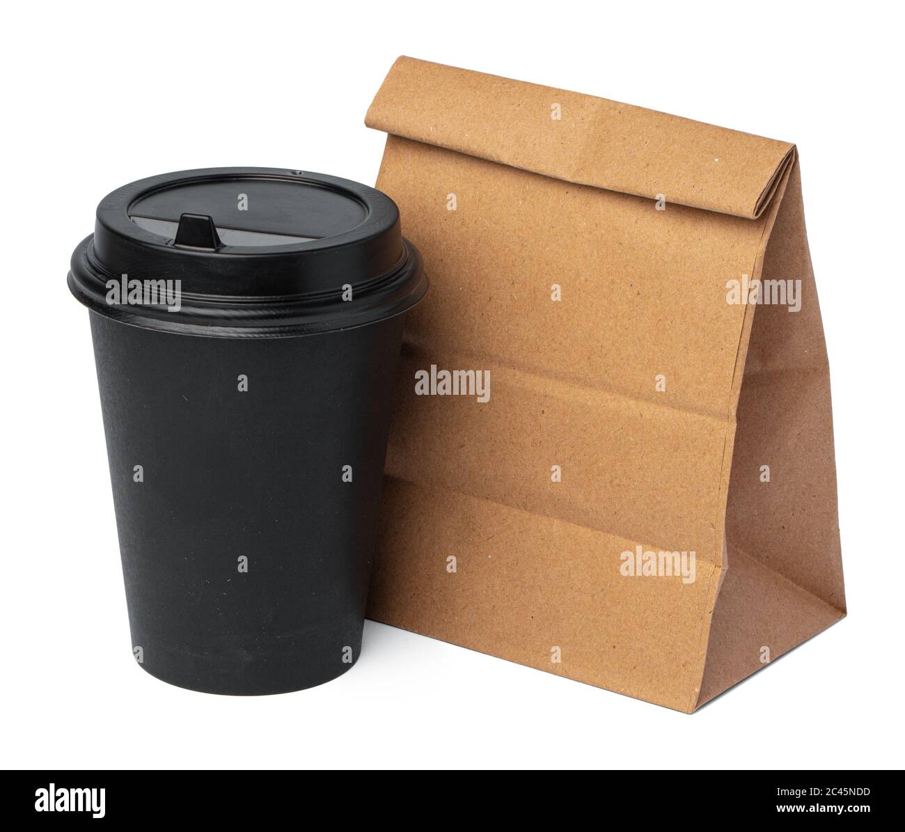 Craft paper bag with coffee cup on white background Stock Photo - Alamy