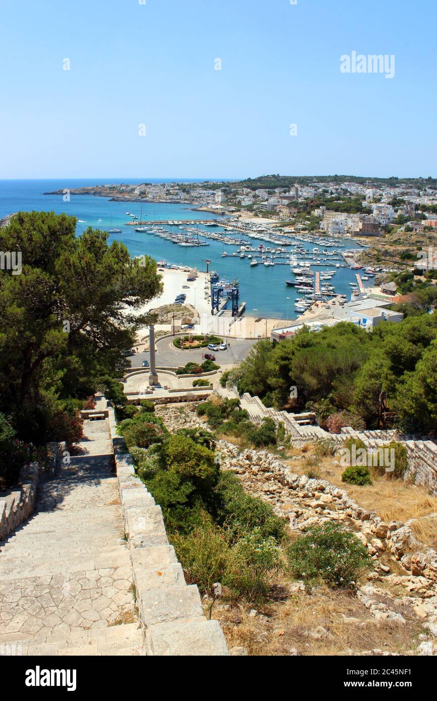 Top view of the city of Santa Maria di Leuca, in Salento, Puglia, Lecce, Italy. The sea, the blue sky and the marina. Stock Photo