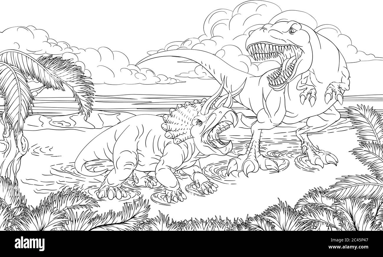 Dinosaur TRex Triceratops Scene Coloring Book Page Stock Vector