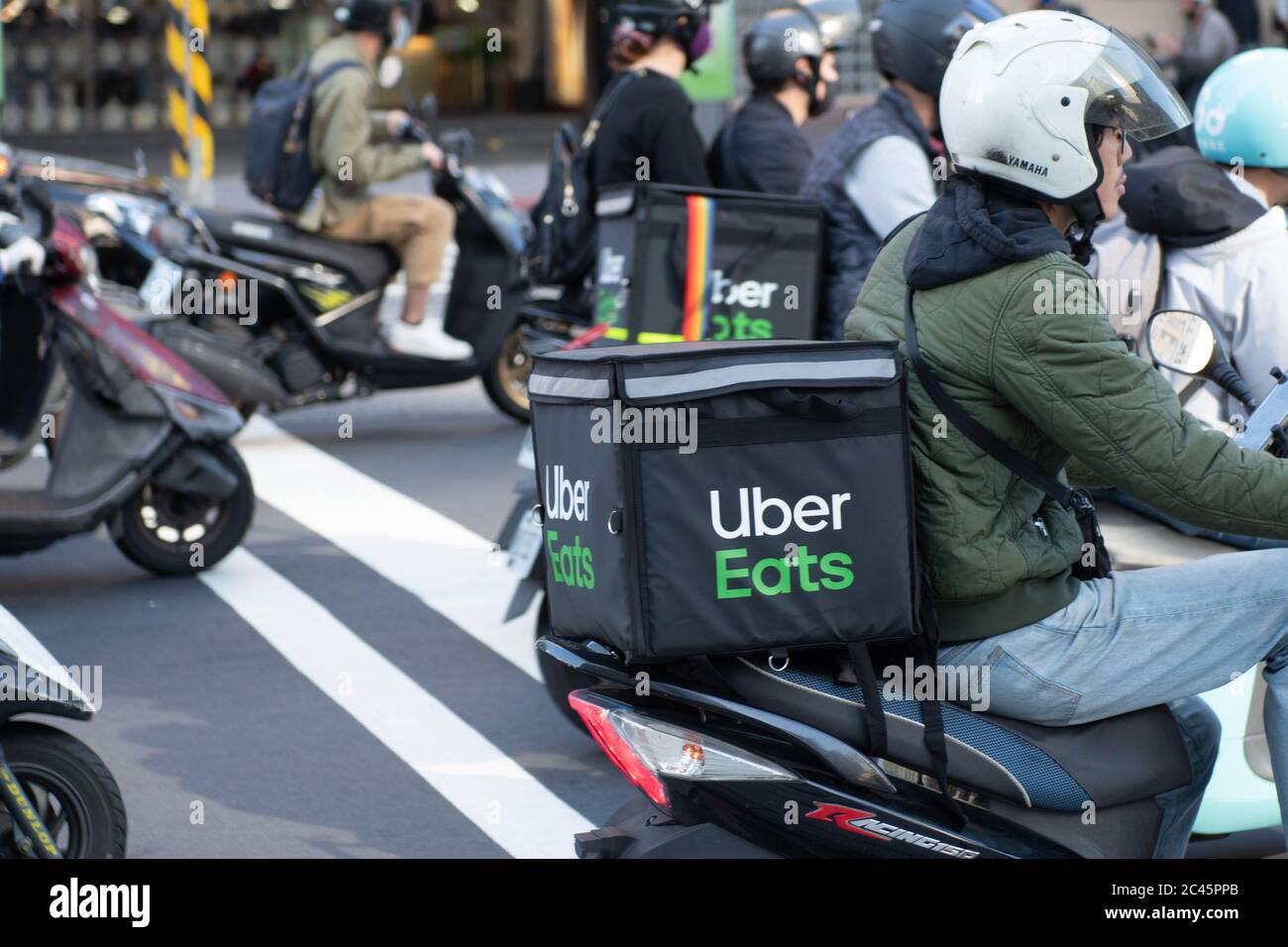 Taipei, Taiwan - December , 2019 : Uber Eats box on a motocycle 