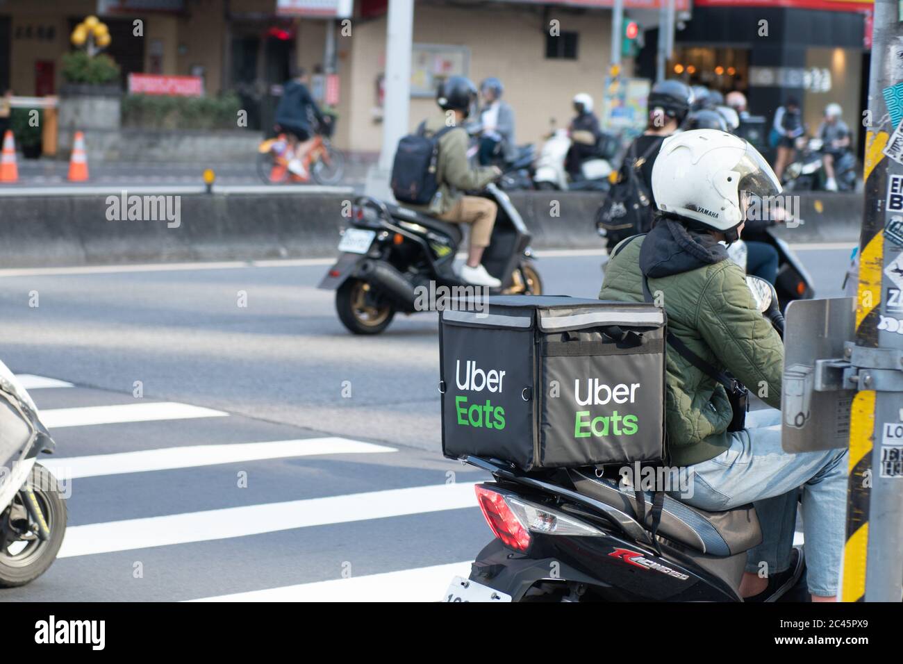Taipei, Taiwan - December , 2019 : Uber Eats box on a motocycle 