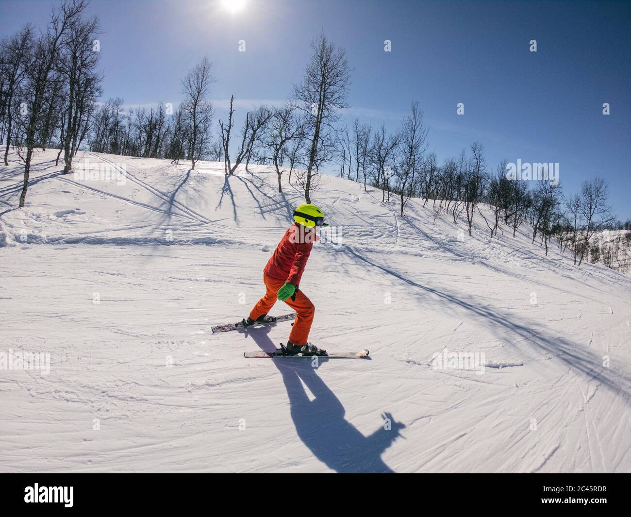 Boy skiing on a piste in Vasterbottens Lan, Sweden. Stock Photo