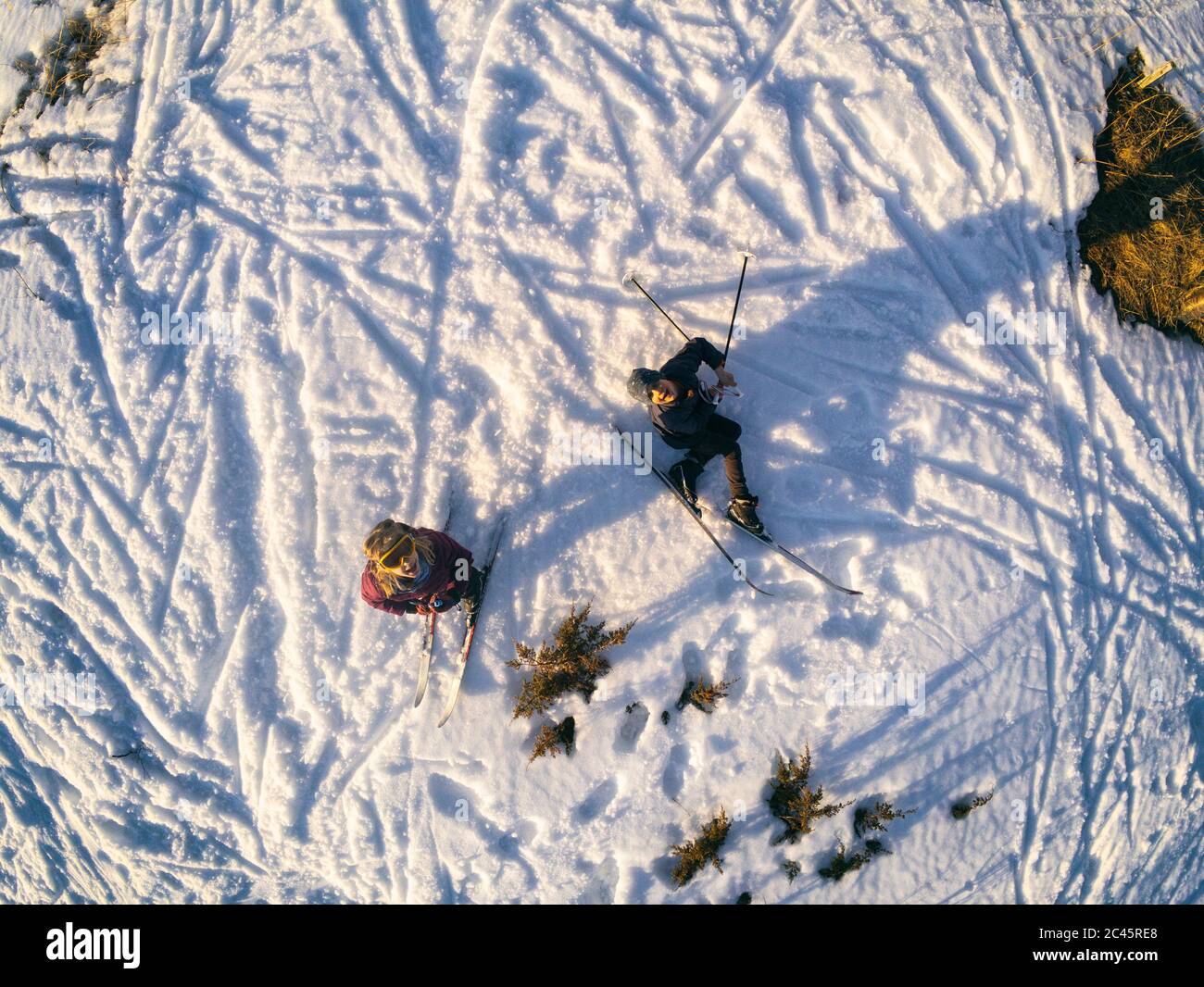 High angle view of two cross-country skiiers in Vasterbottens Lan, Sweden. Stock Photo