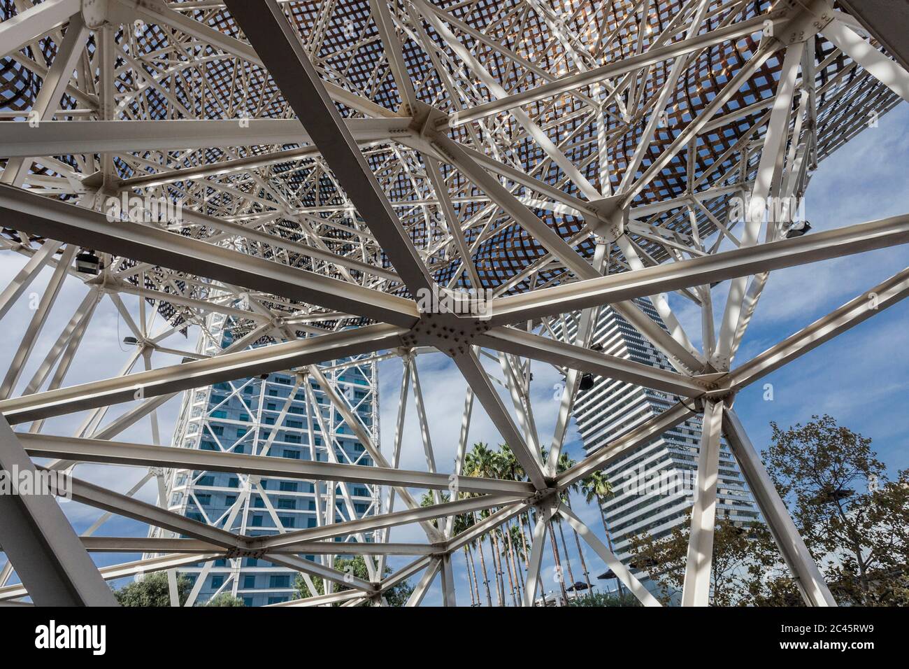 Steel structure at the casino with Hotel Arts in the background, Barcelona, Spain Stock Photo