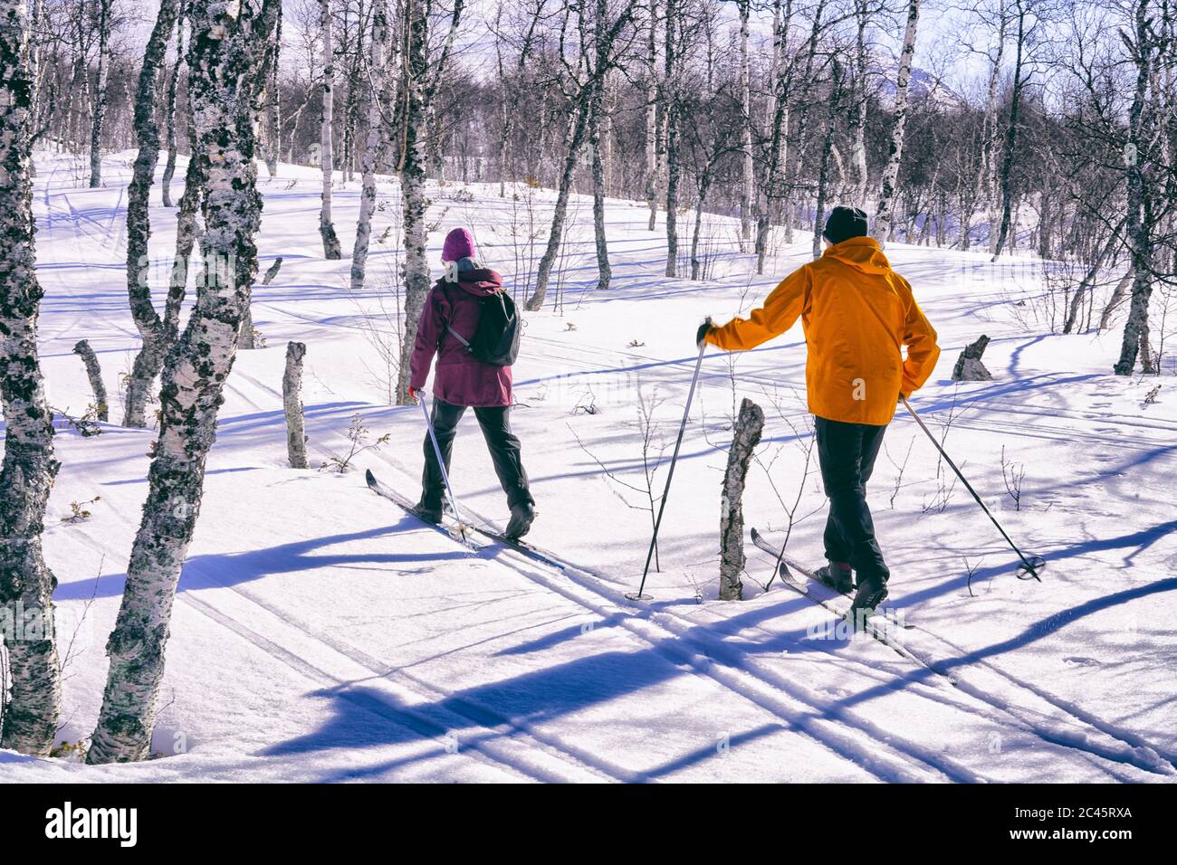 Couple cross-country skiing in Vasterbottens Lan, Sweden. Stock Photo