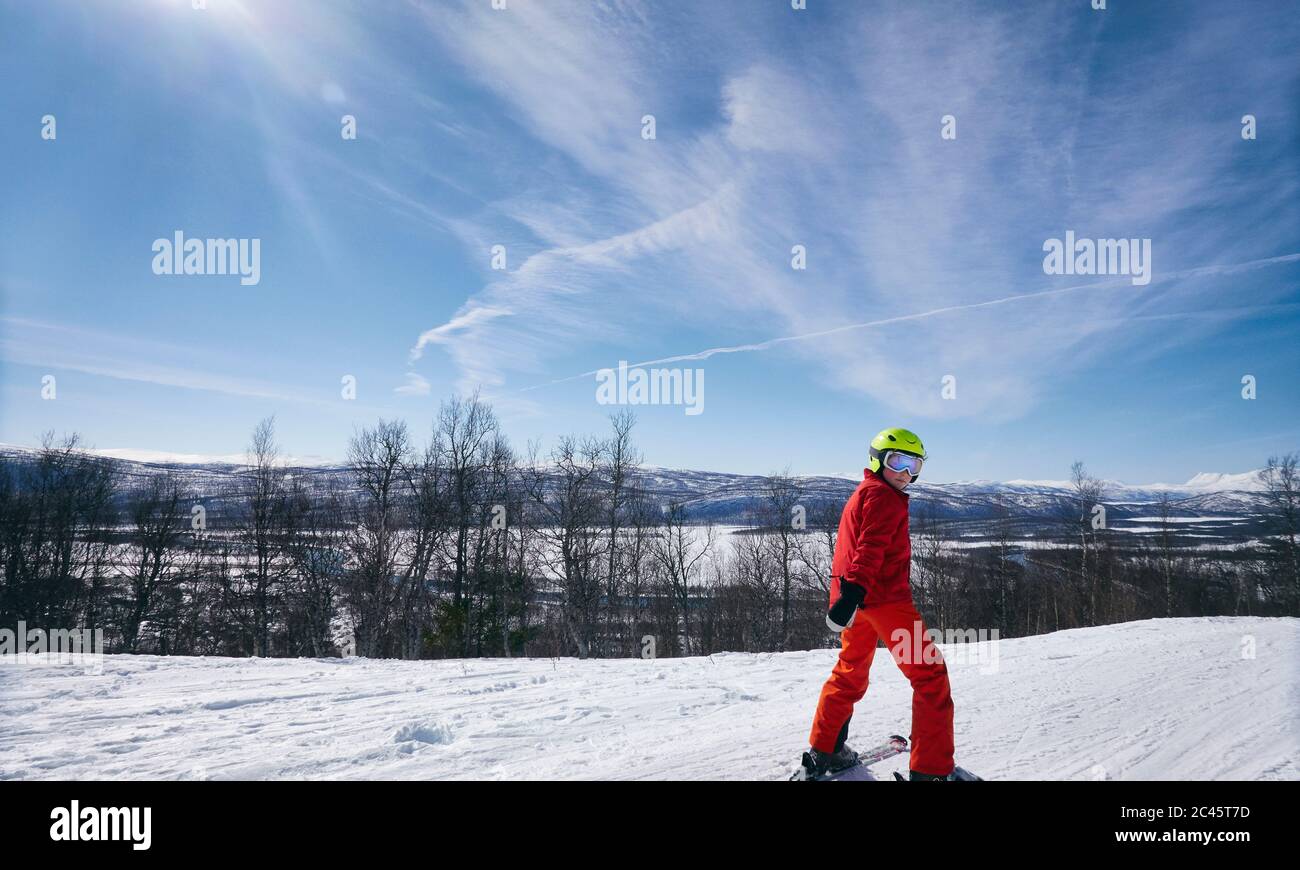 Young boy skiing in Vasterbottens Lan, Sweden. Stock Photo