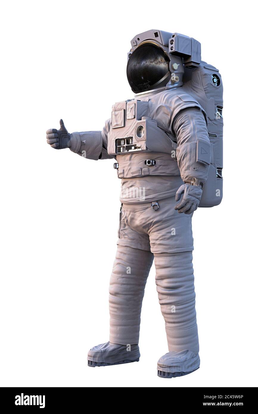 astronaut showing thumbs up, standing spaceman isolated on white background Stock Photo