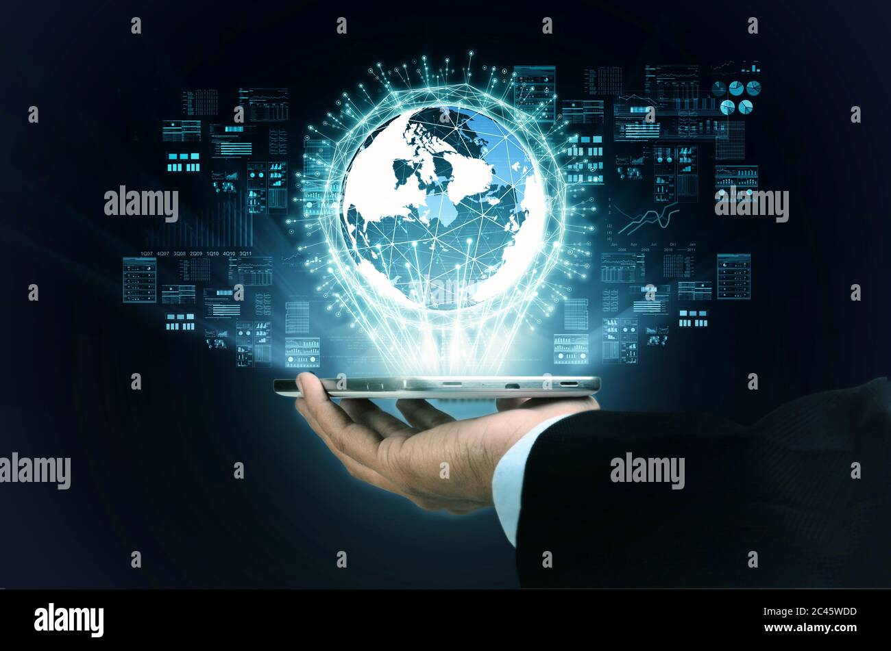 A businessman showing internet big data computing process in his hand Stock Photo