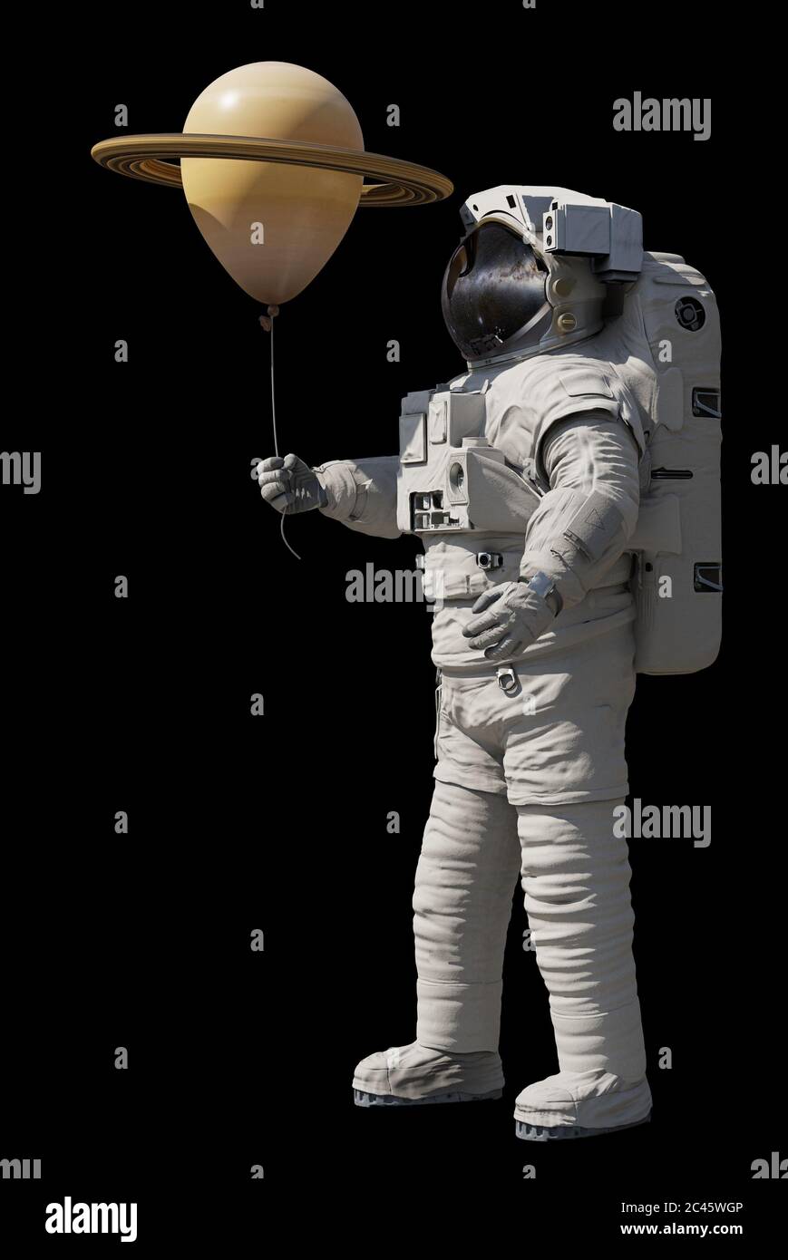 astronaut with planet Saturn balloon isolated on black background Stock Photo