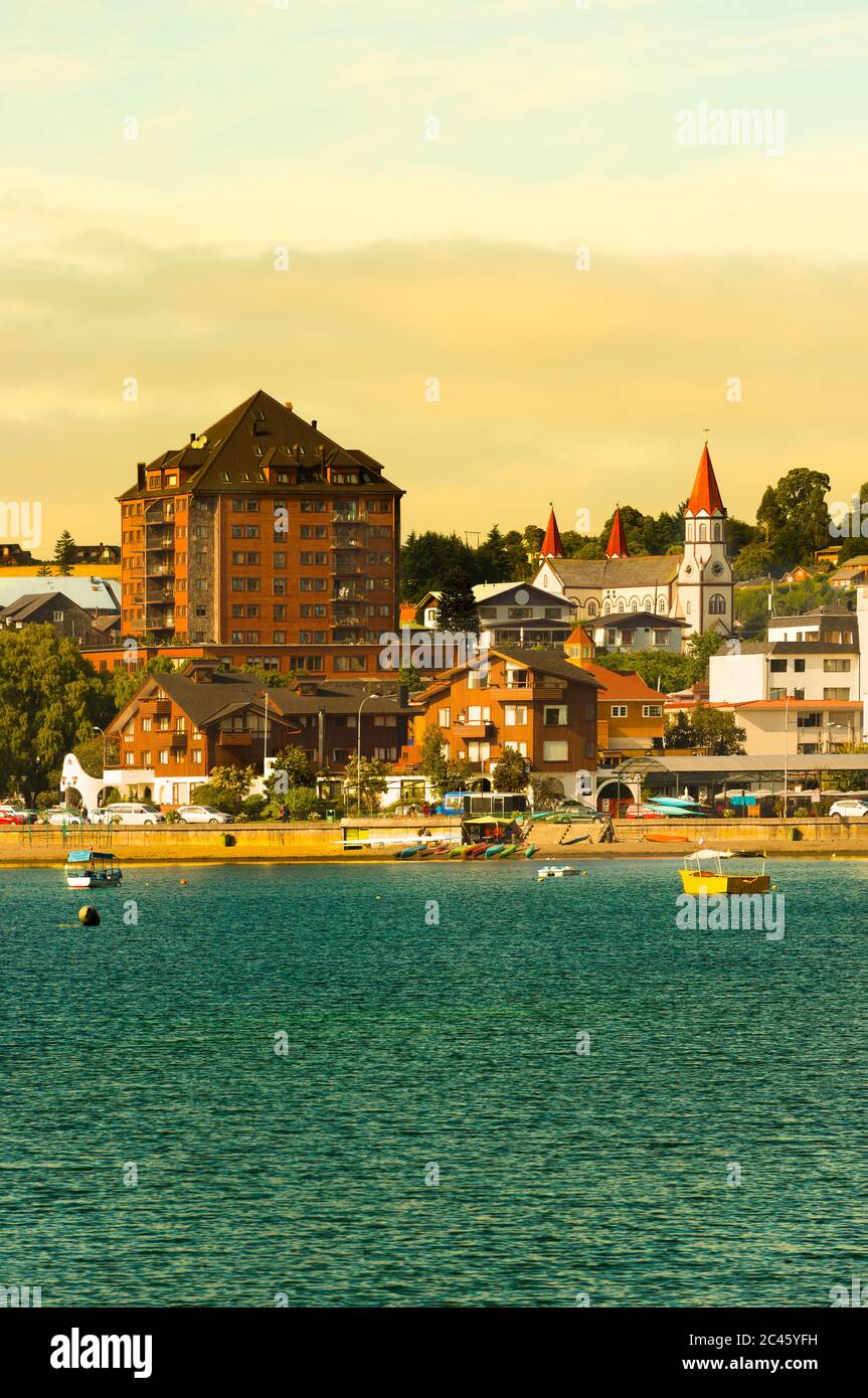 Cityscape of downtown Puerto Varas in the Chilean Lake District, Chile Stock Photo