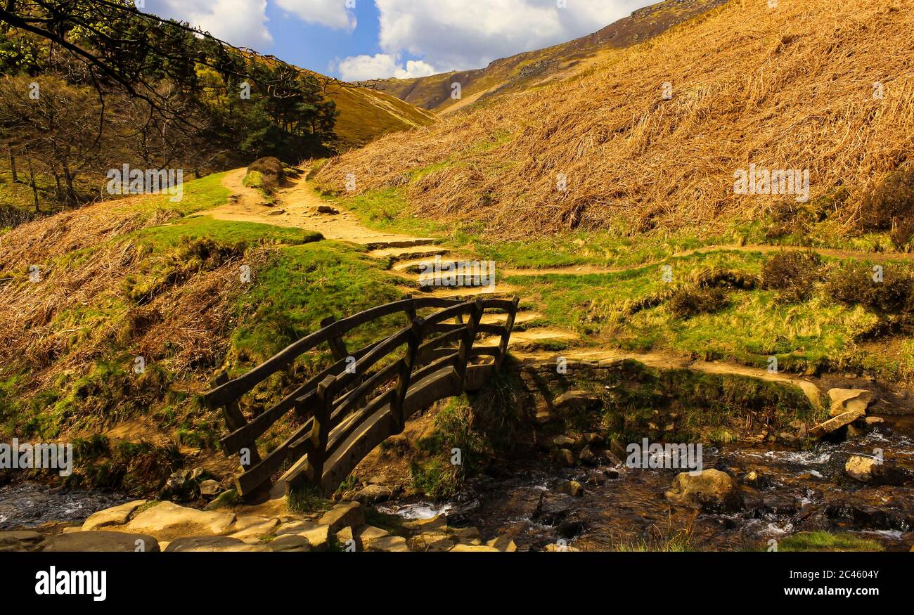 Kinder Scout, Yorkshire.Wooden bridge, and rural landscape. Stock Photo
