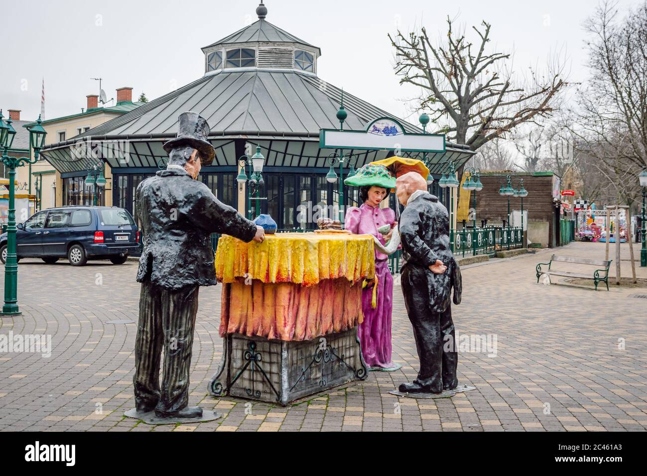 A scene of colorful sculptures representing people at a table in a Viennese cafe, Prater Amusement Park, Vienna, Austria. Stock Photo