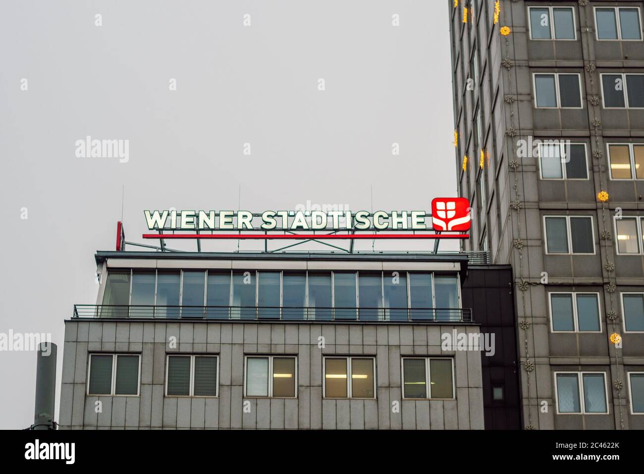 Wiener Stadtische, logo, sign on their main office in Vienna, Austria.  Versicherung AG Vienna Insurance Group. Stock Photo
