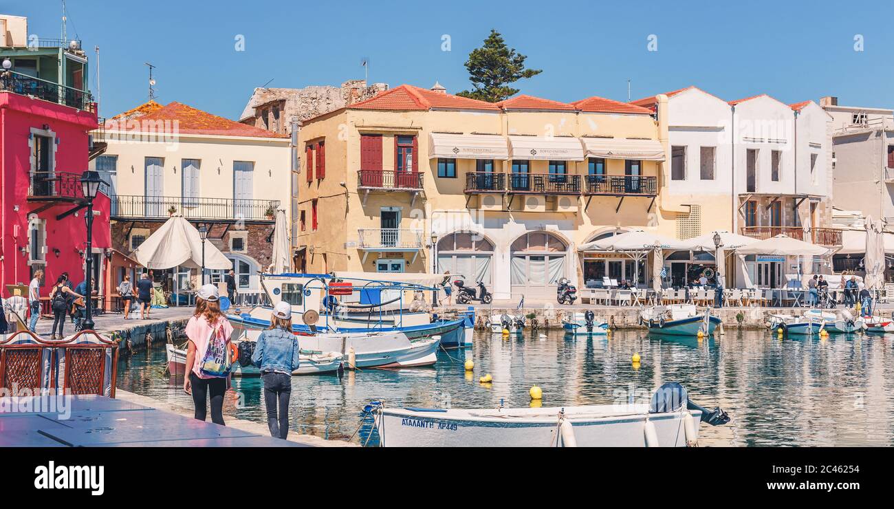 Colourful buildings in the Venetian harbour village of Rethymno on Crete Stock Photo