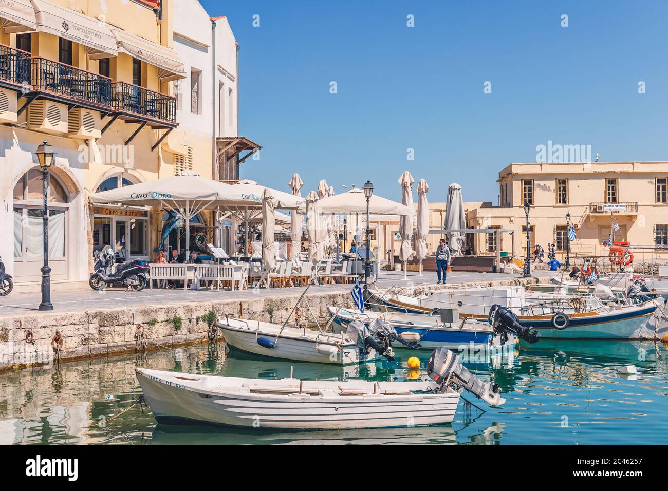 Colourful buildings in the Venetian harbour village of Rethymno on Crete Stock Photo