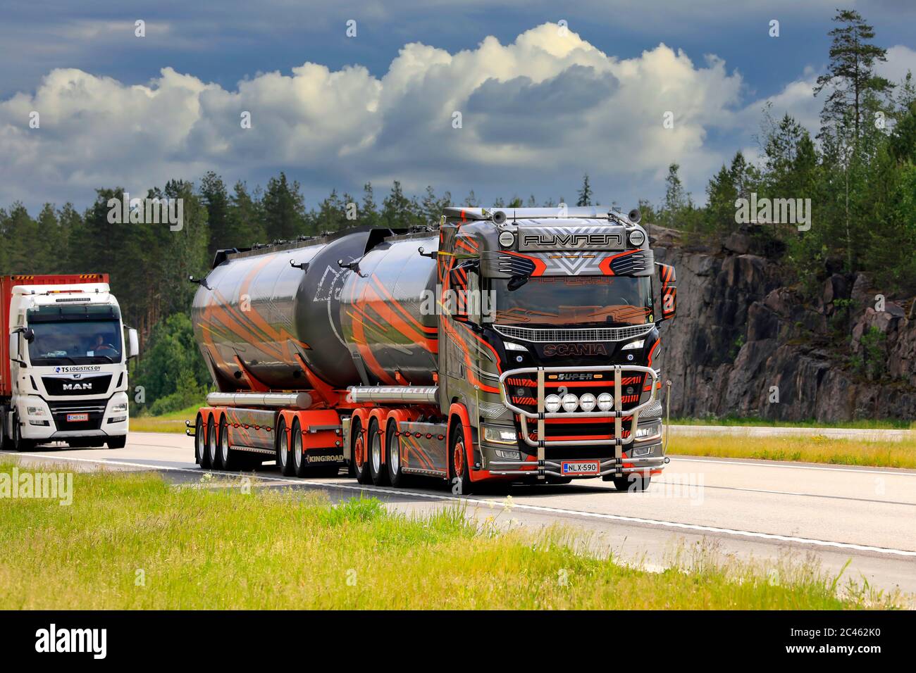 Scania S650 truck 2019 Kuljetus Auvinen Oy for bulk transport trucking along motorway on a day of summer. Paimio, Finland. June 16, 2020. Stock Photo