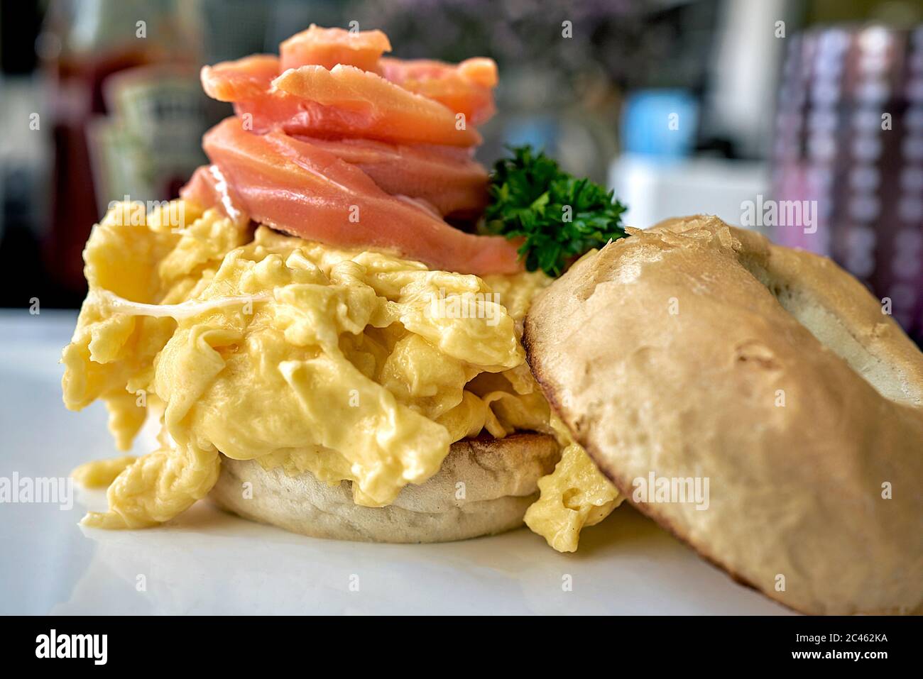 Smoked salmon and scrambled egg on a fresh bagel Stock Photo Alamy