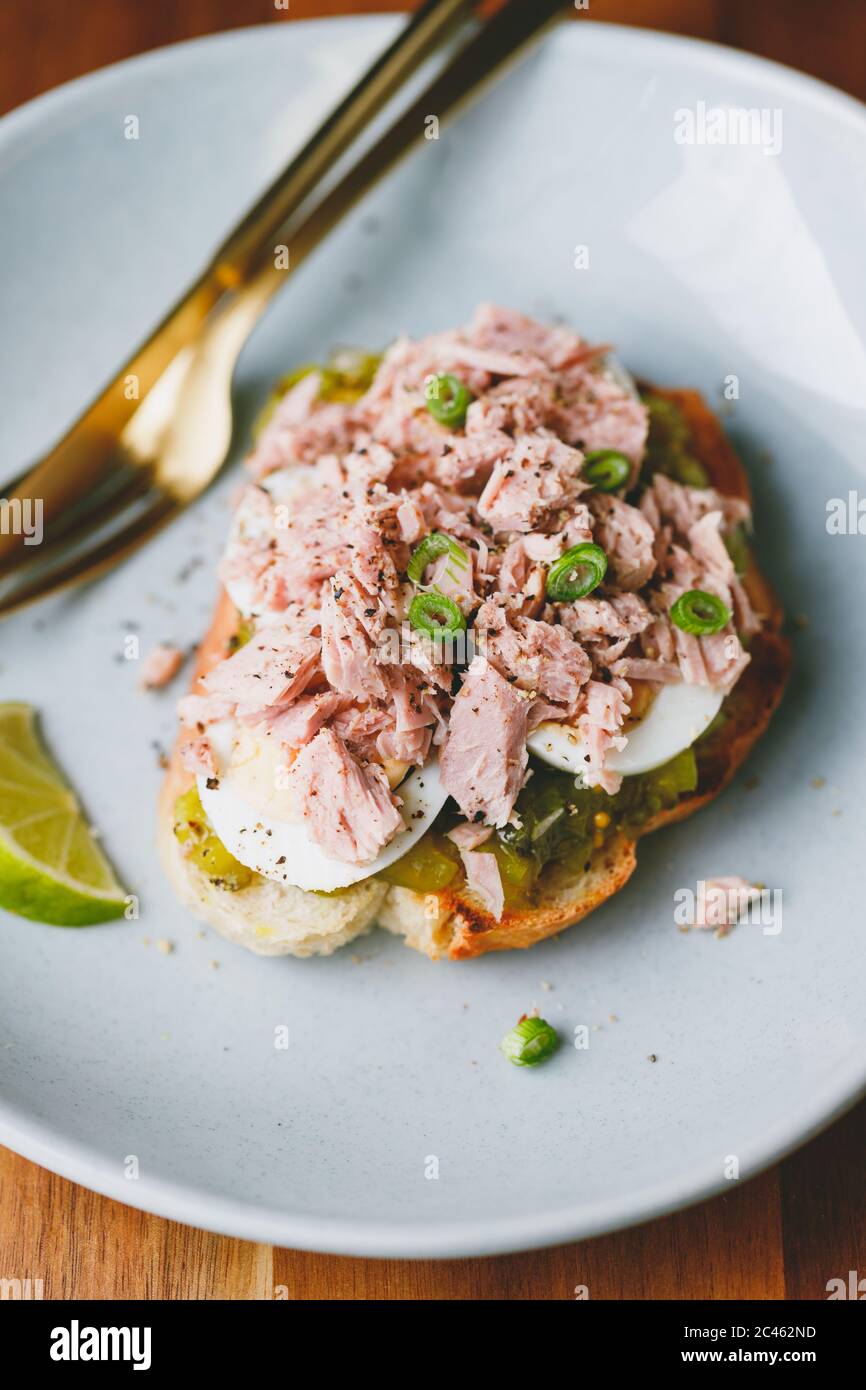 Open sandwich with canned tuna, egg and pickled cucumber dressing