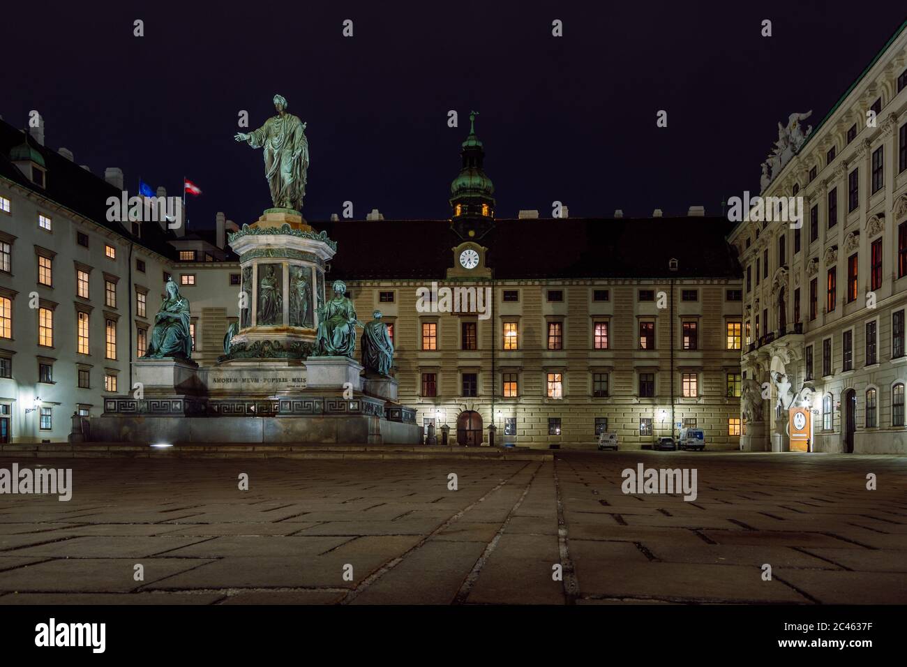 Vienna by Night. Kaiser Franz II Monument at the Hofburg Palace in Vienna, Austria.Long exposure. Stock Photo